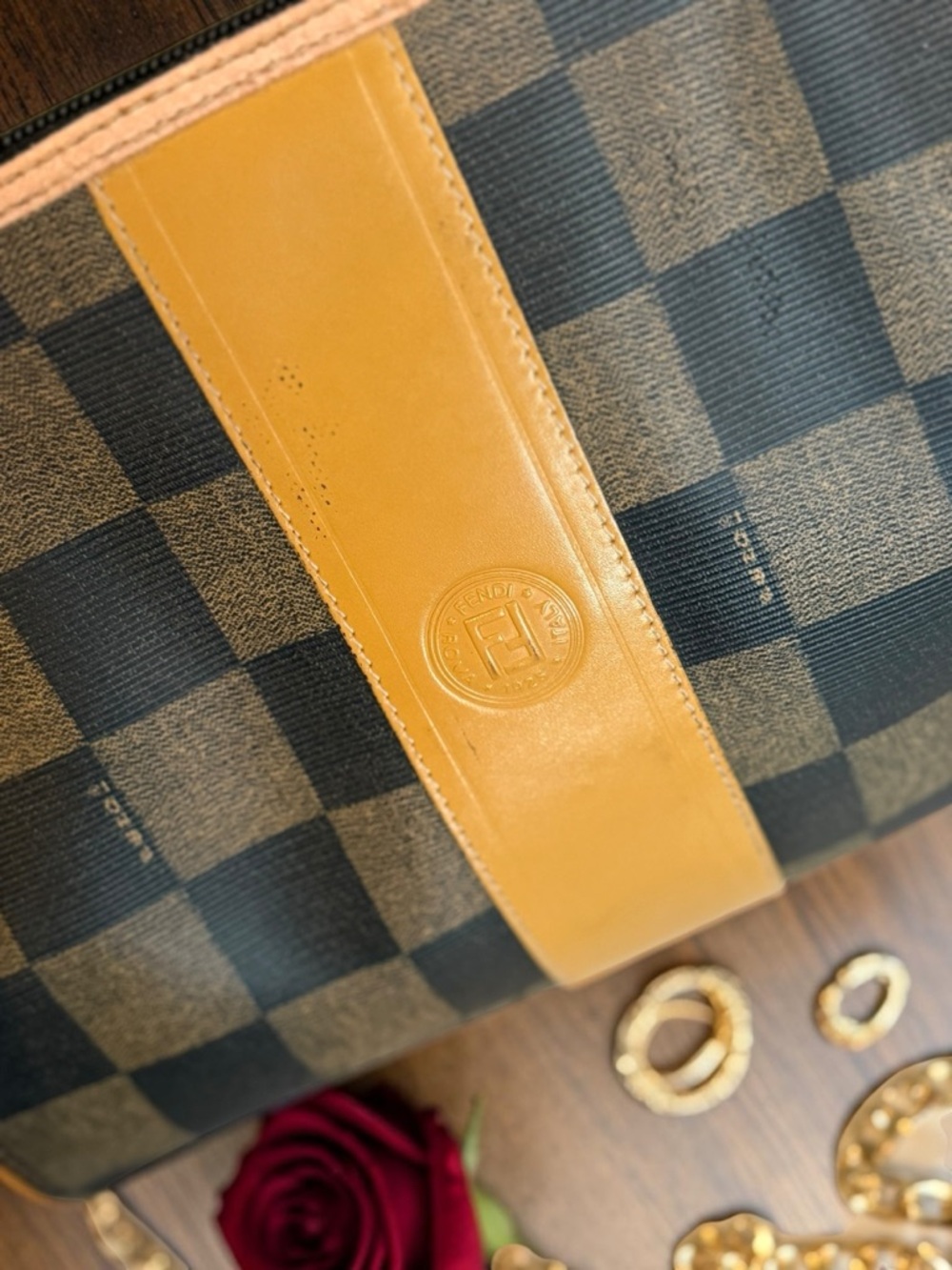 Vintage Fendi Pequin Checker Crossbody / Shoulder Blag Brown Zucca PVC Chain Bag - Picture 2 of 11